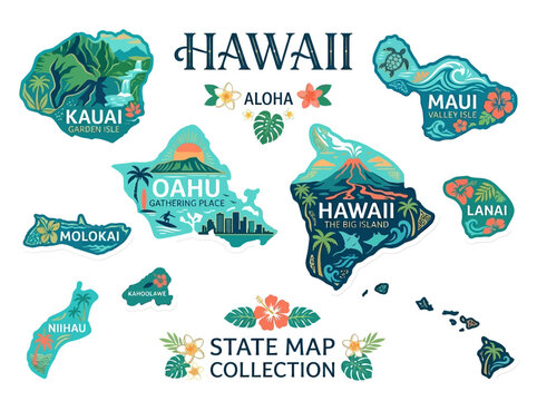 Vibrant illustrated collection of Hawaiian island maps showcasing unique features and travel destinations, perfect for state map designs