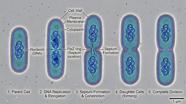 Microscopic view of bacterial cell division process showing binary fission stages.