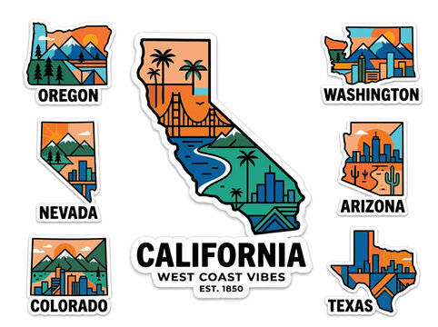 Set of Colorful Graphic State Map Stickers Showcasing California's West Coast Vibe, Mountains, and Cityscapes Alongside Other US Regions