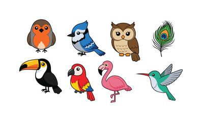 Naklejka premium Collection of cute cartoon birds and a peacock feather