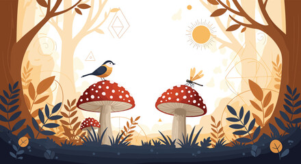Enchanted forest landscape featuring large red mushrooms with a bird and dragonfly among autumn trees and plants in a stylized art style.