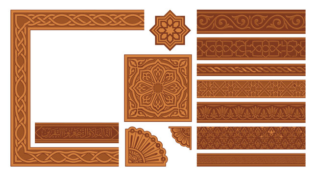 Moroccan Leather Tooled Book Binding Border Frame Vector Set with Blind Stamp Strapwork Star Medallion Arabesque Geometric Polygon Lattice and Cognac Brown Design
