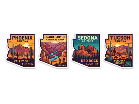 Vibrant Arizona Travel Sticker Collection: Iconic Landmarks, Desert Landscapes, and National Park Views Illustration
