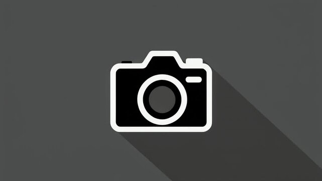 A graphic illustration of a camera on a dark background with shadow