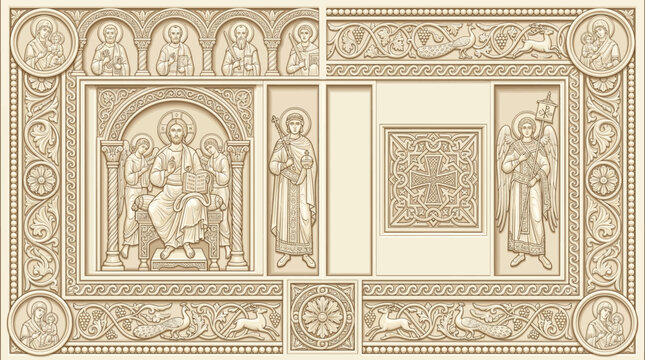 Byzantine Ivory Diptych Carved Relief Border Frame Vector Set with Christ Enthroned Consular Figure Vine Scroll Peacock Archangel Virgin Child and Sacred Design