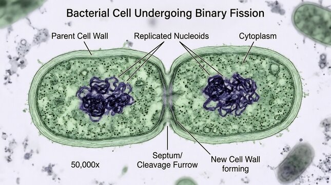 Bacterial Cell Undergoing Binary Fission Detailed Illustration.