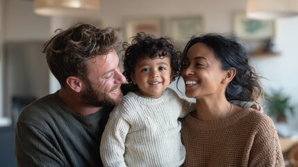 Fototapeta premium Diverse parents and adopted child share a joyful moment together indoors