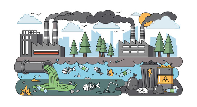 Industrial pollution from factories harms the environment by releasing smoke into the air and toxic waste into rivers with trash.