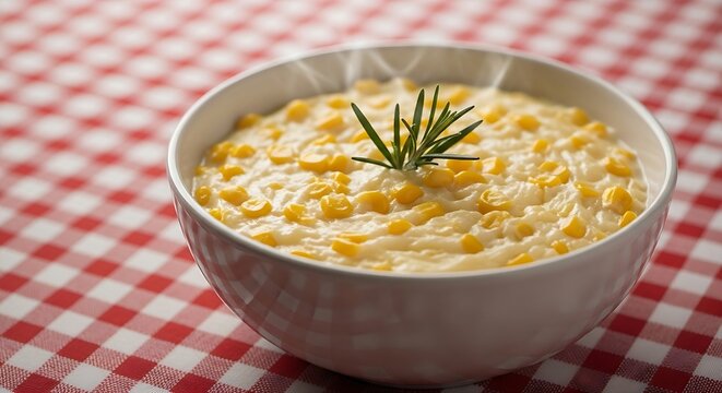 A bowl of creamy, steaming corn pudding, garnished with a sprig of rosemary, on a checkered tablecloth. Soft, inviting light