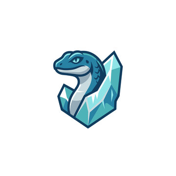Blue snake emerging from sharp ice crystal shards.