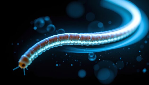The image features a close up view of a segmented, worm like creature with antennae like structures at its head, set against a dark background illuminated by bright