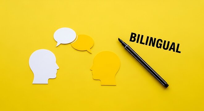 Bilingual education concept with paper cutouts of human heads and speech bubbles, language learning and translation metaphor on yellow background
