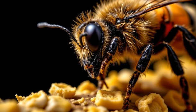 A close up view of a bee shows it gathering food from a surface covered with small, crumbly pieces
