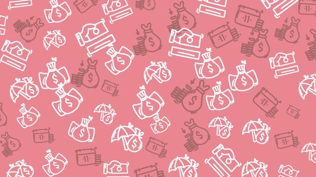 Pink background features financial icons in white outline. Money bags, banknotes, and piggy banks repeat in playful pattern. Simplified lines suggest savings, spending, and wealth