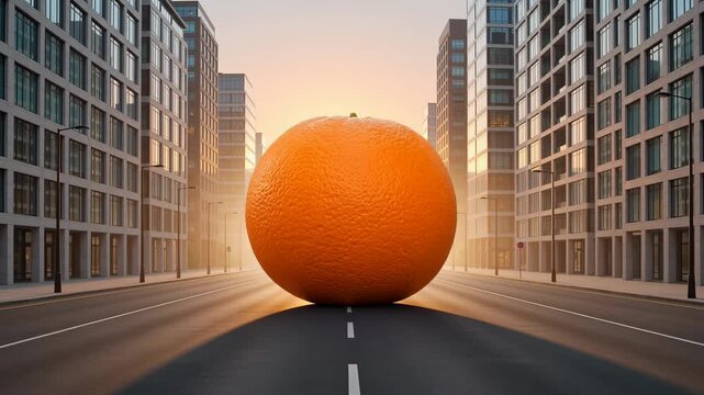 Giant fresh orange fruit rolling down an empty city street with modern buildings during a beautiful and warm sunset, representing a surreal and bizarre concept