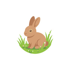 Obraz premium Brown rabbit sitting in green grass circle vector illustration.