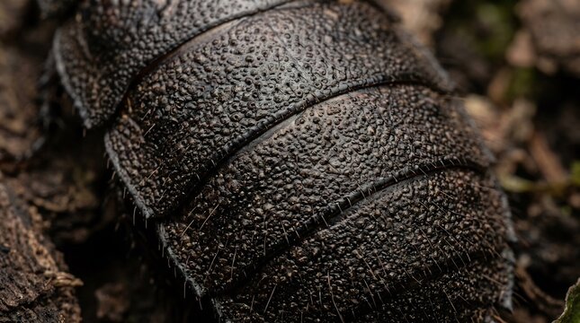 Close-up Macro Shot of a Textured Chiton Shell on a Forest Floor.