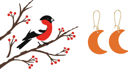 "Colorful bullfinch bird on branch with red berries and crescent earrings vector illustration for nature and fashion design" © mstlipibegum