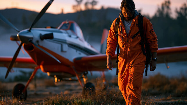 Crop duster pilot in coveralls walks preflight inspection of agricultural aircraft on remote airstrip at dawn, early morning mist concealing far tree line, checking hopper tank seals and GPS navigat