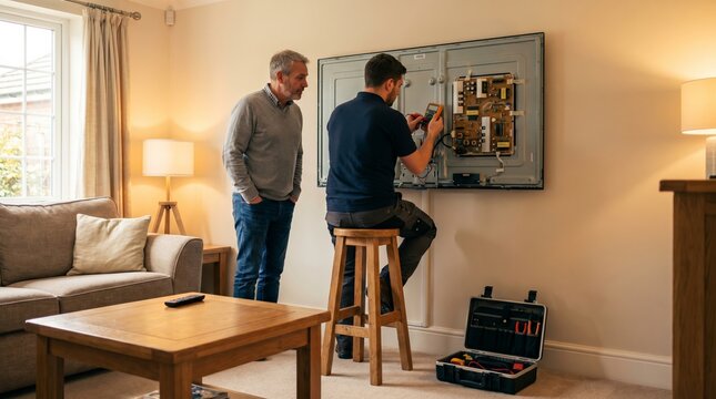 Male electrician repairs electrical panel while observing man in gray sweater inside a cozy living room with wooden furniture and warm lighting