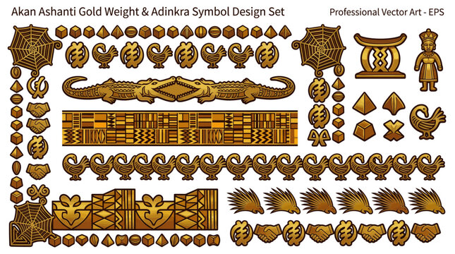 Akan Ashanti Gold Weight Adinkra Symbol Border Frame Vector Set with Gye Nyame Sankofa Crocodile Spider Stool Kente Proverb Object and Brass Casting Design