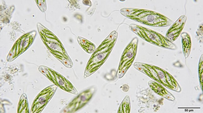 Microscopic view of Euglena gracilis algae cells under magnification.