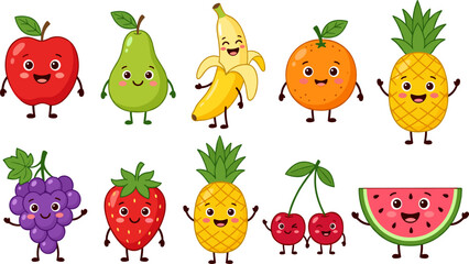 Fototapeta premium Cute smiling fruit characters set with apple pear banana orange pineapple grapes strawberry cherry and watermelon vector illustration