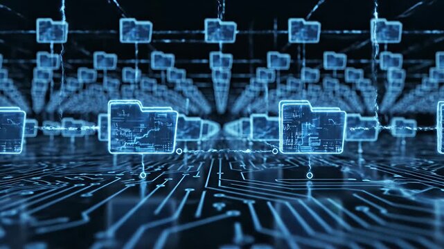 Blue digital network interface with folders and circuits.