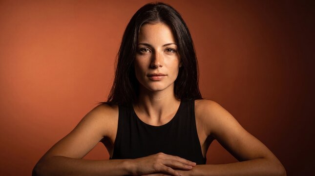 A young Hispanic woman with long dark hair sits at a table. She has a serious expression and is wearing a black sleeveless top. The background is a warm orange color.