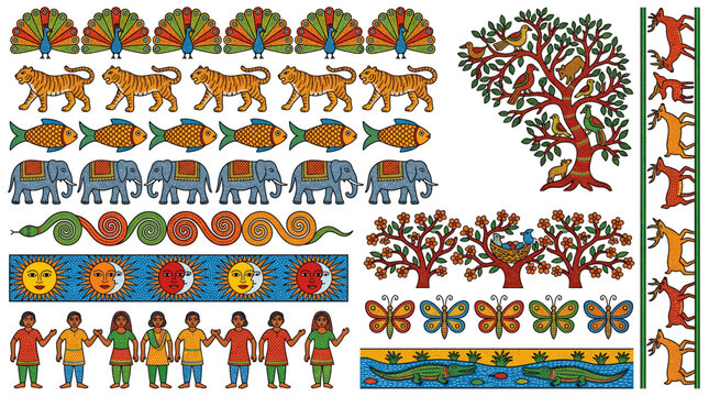 Indian Gond Tribal Painting Dot Fill Border Frame Vector Set with Dense Dot Peacock Tree of Life Tiger Fish Elephant Deer Sun Moon and Madhya Pradesh Design