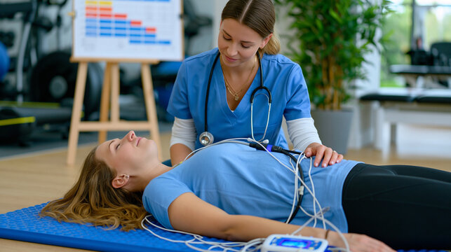 Pelvic floor physiotherapist demonstrates diaphragmatic breathing technique to postpartum woman on rehabilitation mat in clinical gym, biofeedback equipment connected, recovery milestone tracking ch