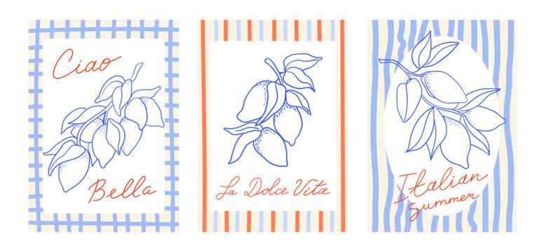 Set of vintage elegant posters with lemon branches and handwritten calligraphic quotes. La dolce vita, Ciao Bella (means sweet life and hello beautiful on italian). Vector illustration