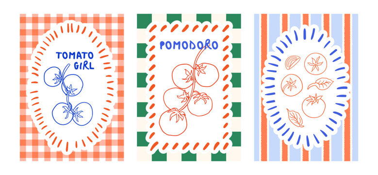Set of posters with hand drawn tomatoes and frames on checkered and striped backgrounds. Summer vector illustration