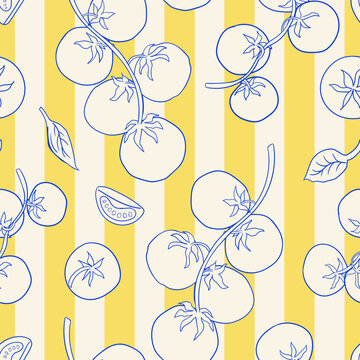 Seamless pattern with hand drawn tomato branches on striped background. Vector line background in vintage style