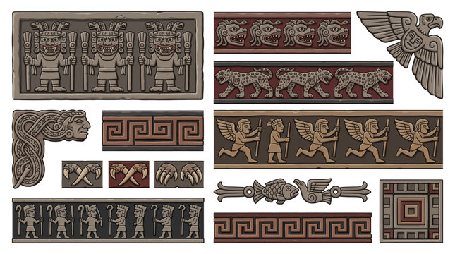 Chavin Tiahuanaco Pre-Columbian Stone Carving Border Frame Vector Set with Staff God Fanged Deity Kenning Condor Jaguar Gateway Sun Frieze Serpent and Ancient Design