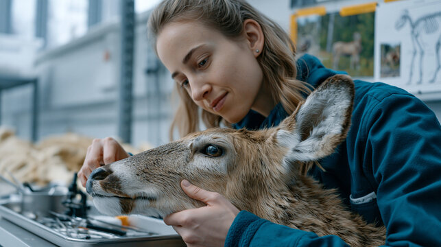 Taxidermist at crowded natural history museum storage facility wheels archival specimen cart past shelved mammal preparations, candid unposed moment of professional routine, preservation records att