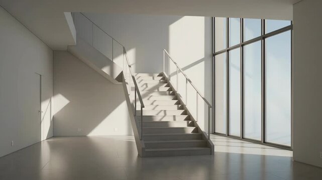 Morning sunlight creating moving shadows in a minimalist empty office interior with a staircase and large panoramic windows, casting reflections on the floor and wall