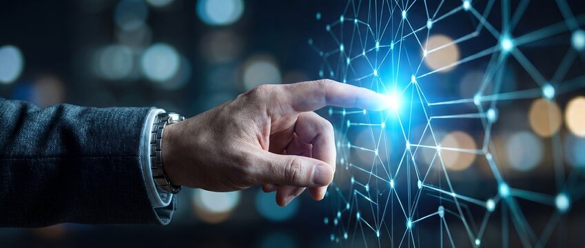 Businessman in suit orchestrating global team via glowing holographic interface
