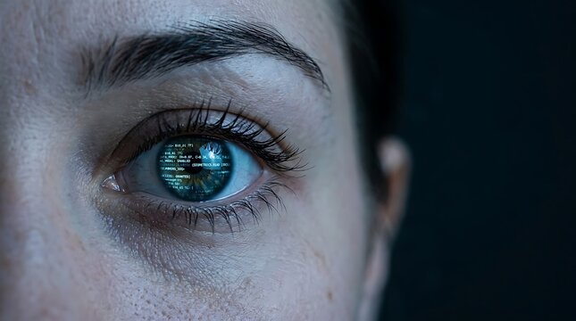Close up of a human eye reflecting digital data stream and binary code representing artificial intelligence and futuristic technology concepts