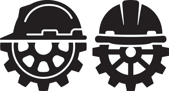 Industrial construction hard hat and gear silhouette vector with construction industry silhouette engineering mechanical