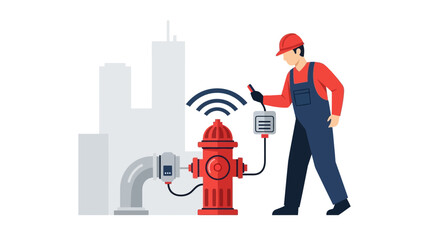Naklejka premium Professional Technician Monitoring a Smart City Fire Hydrant with IoT Technology and Wireless Connectivity Vector Illustration