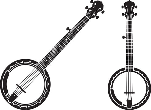 Two black silhouette icons of banjo musical instrument on white background with instrument silhouette bluegrass acoustic