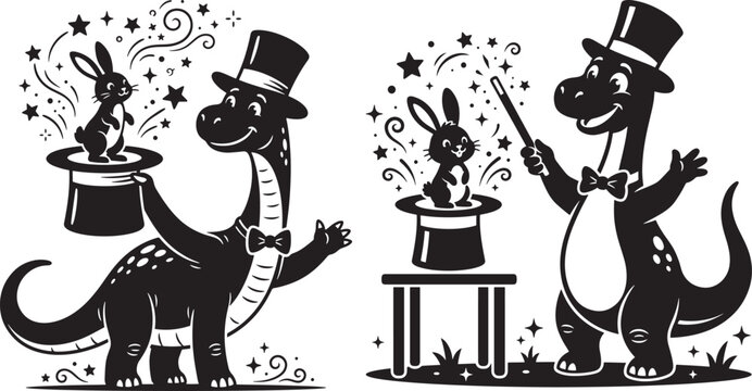 Magician dinosaur performing magic trick with rabbit in hat, black silhouette isolated on white background, dinosaur
