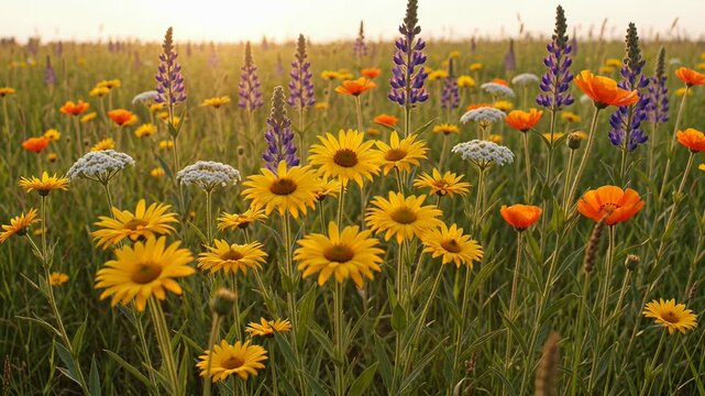 Beautiful summer meadow with yellow daisies, purple lupine, orange poppies, and white yarrow flowers swaying in the wind during a golden sunset