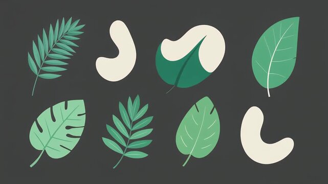 Various green leaves and cashew nuts arranged on a dark background