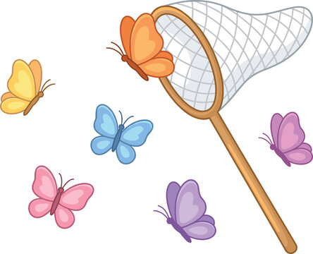 Colorful butterflies flying around a butterfly net illustration for children education outdoor activities and summer nature concept design