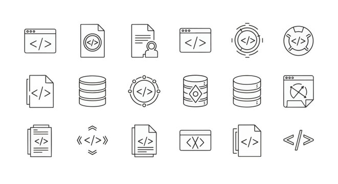 Minimalist outline icon set for web development and programming featuring coding brackets, database symbols, file folders, browser windows, and script documentation elements on white background.
