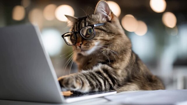 Curly-furred cat wears glasses, sits at laptop