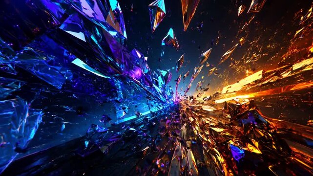Blue and orange crystalline shards clashing and exploding against each other, creating a dynamic collision of abstract shapes and glowing particles against a deep, dark background