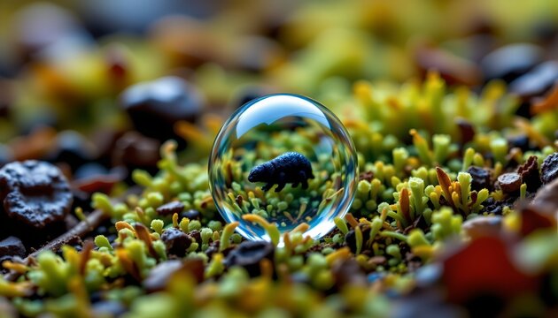 The image features a small, detailed figure of a bear enclosed within a clear glass sphere, which acts as a protective and decorative element